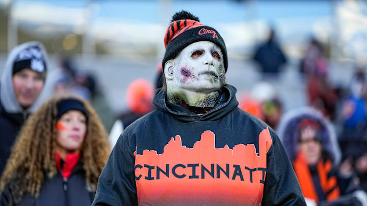 Cold Bengals fans look on in the fourth quarter of the NFL Week 15 game between the Cincinnati Bengals and the Baltimore Ravens at Paycor Stadium in Cincinnati on Sunday, Dec. 14, 2025. The Bengals were shut out, 24-0.
