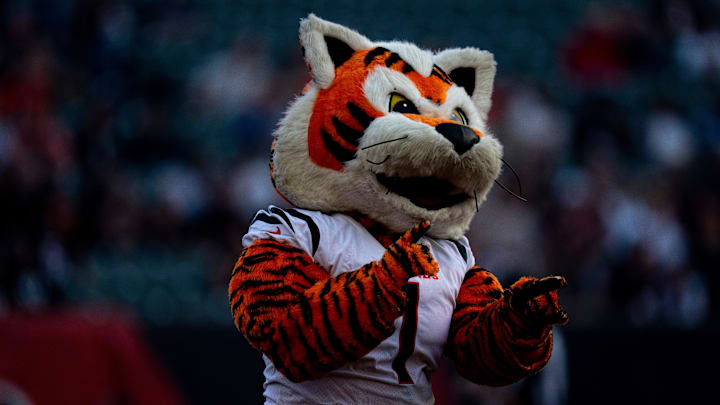 Bengals Mascot dances before the NFL preseason game between the Cincinnati Bengals and the Indianapolis Colts at Paycor Stadium in Cincinnati on Thursday, Aug. 22, 2024. Bengals Mascot dances before the NFL preseason game between the Cincinnati Bengals and the Indianapolis Colts at Paycor Stadium in Cincinnati on Thursday, Aug. 22, 2024.