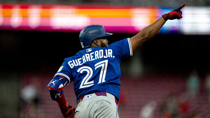 Toronto Blue Jays first baseman Vladimir Guerrero Jr. (27) reacts to hitting a home run in the fifth inning between the Cincinnati Reds and Toronto Blue Jays at Great American Ball Park in Cincinnati on Sept. 3, 2025. Toronto Blue Jays first baseman Vladimir Guerrero Jr. (27) reacts to hitting a home run in the fifth inning between the Cincinnati Reds and Toronto Blue Jays at Great American Ball Park in Cincinnati on Sept. 3, 2025.