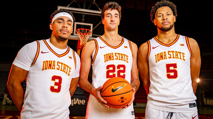 Iowa State Men's Basketball players Tamin Lipsey, Milan Momcilovic, and Joshua Jefferson stand for a photo during media day at Hilton Coliseum in Ames, Oct. 8, 2025.