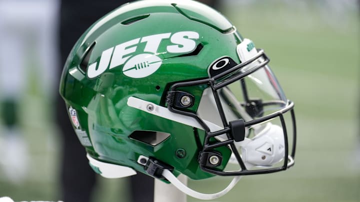 Aug 12, 2023; Charlotte, North Carolina, USA; New York Jets helmet during the second quarter against the Carolina Panthers at Bank of America Stadium. Mandatory Credit: Jim Dedmon-Imagn Images