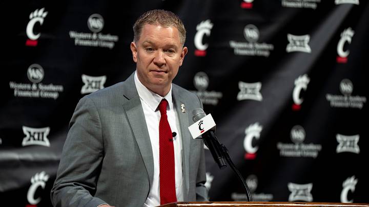 Cincinnati head coach Jerrod Calhoun speaks during a press conference announcing him as the head men's basketball coach at Fifth Third Arena in Cincinnati on Wednesday, March 25, 2026.