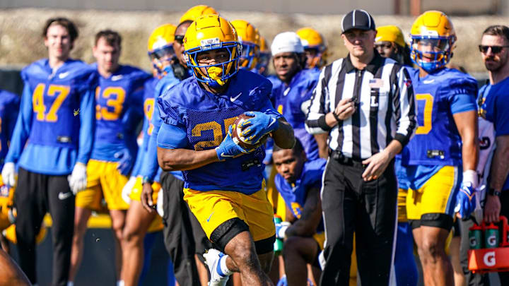 Desmond Reid carries the ball during a spring practice. 