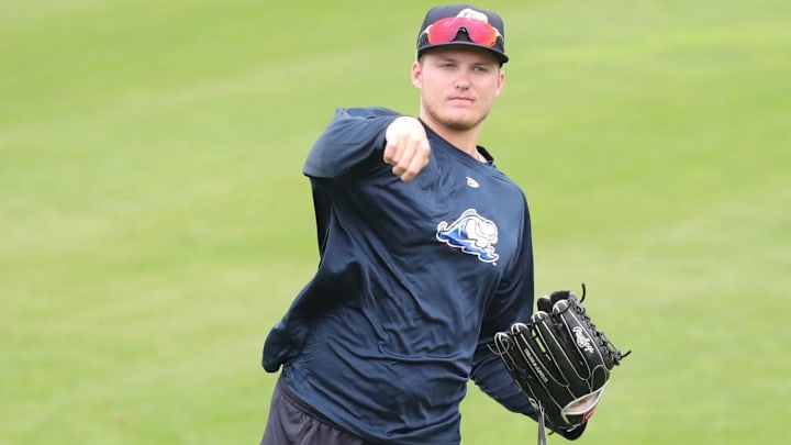 West Michigan Whitecaps outfielder Parker Meadows warms up during practice in 2021.