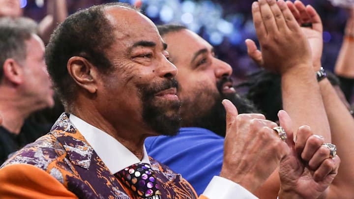May 10, 2023; New York, New York, USA; Former NBA point guard Walt Frazier during game five of the 2023 NBA playoffs between the Miami Heat and the New York Knicks at Madison Square Garden. Mandatory Credit: Wendell Cruz-Imagn Images
