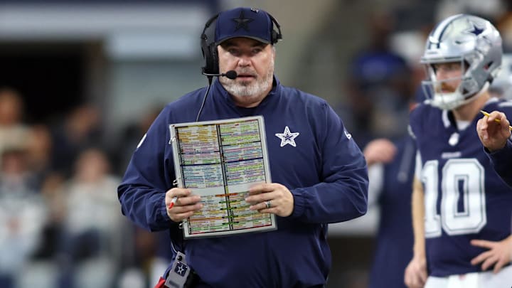 Dallas Cowboys head coach Mike McCarthy walks on the field during the second half against the Washington Commanders.
