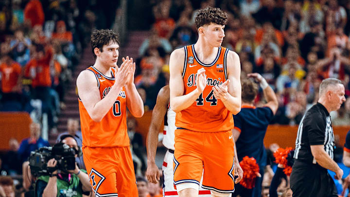 Illinois forward David Mirkovic (0) and center Zvonimir Ivisic (44) react during the Illini's Final Four 71-62 loss to UConn on Saturday at Lucas Oil Stadium in Indianapolis.