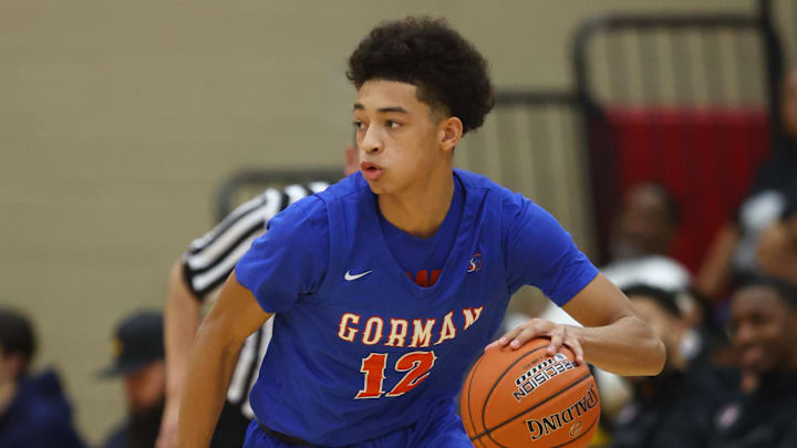 Dec 10, 2022; Scottsdale, AZ, USA; Bishop Gorman High School forward Quentin Rhymes (12) against Centennial High School during the HoopHall West basketball tournament at Chaparral High School. Mandatory Credit: Mark J. Rebilas-Imagn Images Dec 10, 2022; Scottsdale, AZ, USA; Bishop Gorman High School forward Quentin Rhymes (12) against Centennial High School during the HoopHall West basketball tournament at Chaparral High School. Mandatory Credit: Mark J. Rebilas-Imagn Images