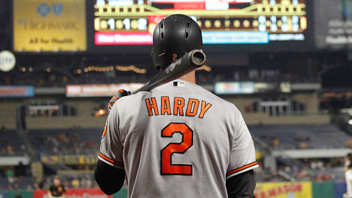 Sep 26, 2017; Pittsburgh, PA, USA; Baltimore Orioles shortstop J.J. Hardy (2) in the on deck circle against the Pittsburgh Pirates during the fourth inning at PNC Park. Sep 26, 2017; Pittsburgh, PA, USA; Baltimore Orioles shortstop J.J. Hardy (2) in the on deck circle against the Pittsburgh Pirates during the fourth inning at PNC Park.