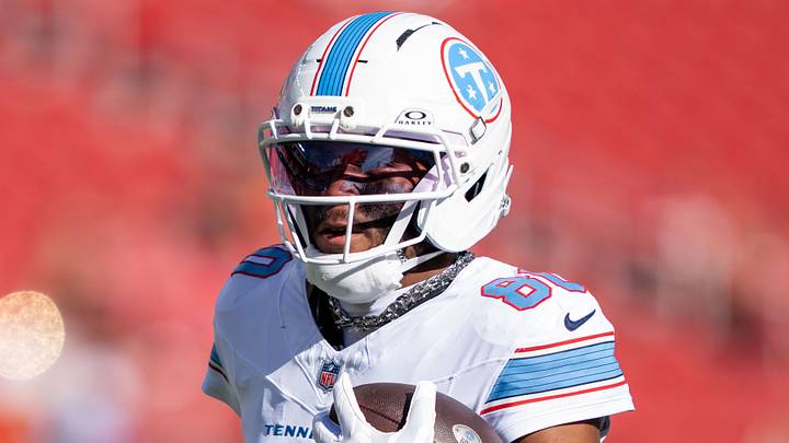 August 13, 2026; Santa Clara, California, USA; Tennessee Titans wide receiver Bryce Oliver (80) warms up before the game against the San Francisco 49ers at Levi's Stadium. Mandatory Credit: Kyle Terada-Imagn Images