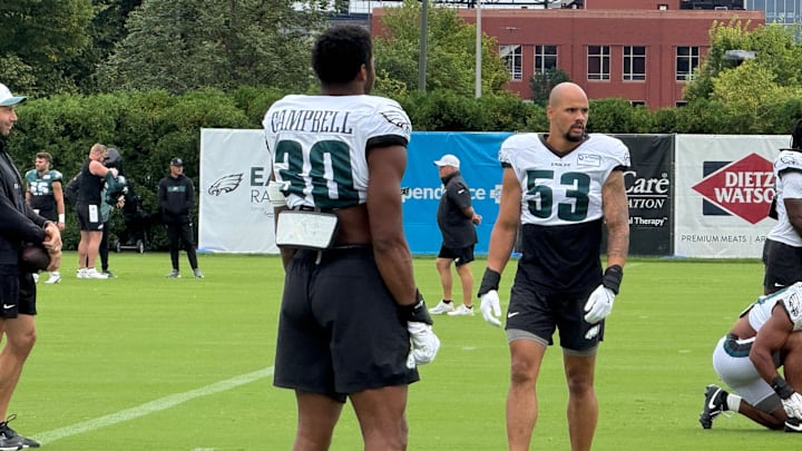Zack Baun (right) returned to practice after missing a couple of weeks with a back issue, and rookie Jihaad Campbell got some first-team reps with him on Day 16 of Eagles training camp.