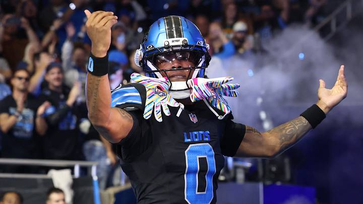 Oct 25, 2026; Detroit, Michigan, USA;  Detroit Lions running back Jahmyr Gibbs (0) enters the field prior to the game against the Green Bay Packers at Ford Field.  Mandatory Credit: David Reginek-Imagn Images