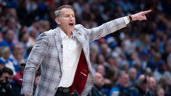 Alabama head coach Nate Oats works the sideline against Florida during the first half of their quarterfinal game of the SEC Men's Basketball Tournament at Bridgestone Arena in Nashville, Tenn., Saturday, March 15, 2025.