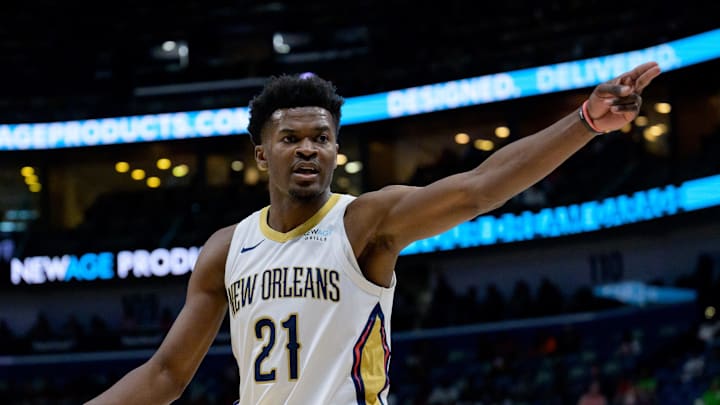 Oct 7, 2024; New Orleans, Louisiana, USA; New Orleans Pelicans center Yves Missi (21) signals out of bounds on the Orlando Magic during the second half at Smoothie King Center. Mandatory Credit: Matthew Hinton-Imagn Images Oct 7, 2024; New Orleans, Louisiana, USA; New Orleans Pelicans center Yves Missi (21) signals out of bounds on the Orlando Magic during the second half at Smoothie King Center. Mandatory Credit: Matthew Hinton-Imagn Images