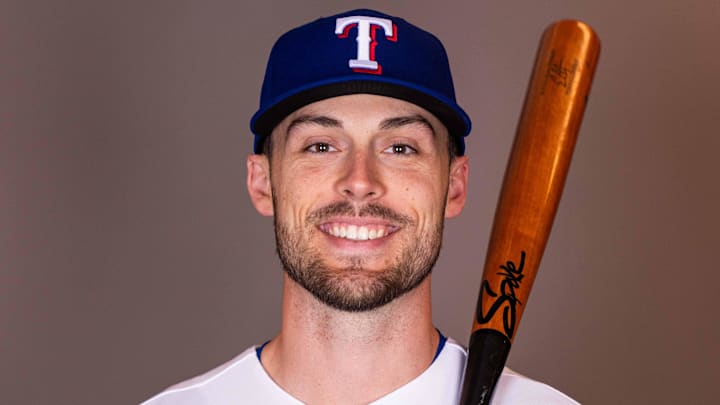 Feb 17, 2026; Surprise, AZ, USA; Texas Rangers outfielder  Evan Carter during media day at Surprise Sports Complex. Mandatory Credit: Arianna Grainey-Imagn Images
