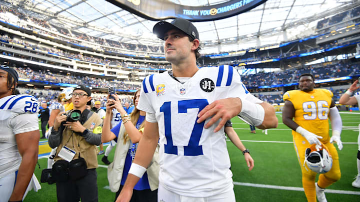 Oct 19, 2025; Inglewood, California, USA; Indianapolis Colts quarterback Daniel Jones (17) looks on after the game against the Los Angeles Chargers at SoFi Stadium. Mandatory Credit: Gary A. Vasquez-Imagn Images Oct 19, 2025; Inglewood, California, USA; Indianapolis Colts quarterback Daniel Jones (17) looks on after the game against the Los Angeles Chargers at SoFi Stadium. Mandatory Credit: Gary A. Vasquez-Imagn Images