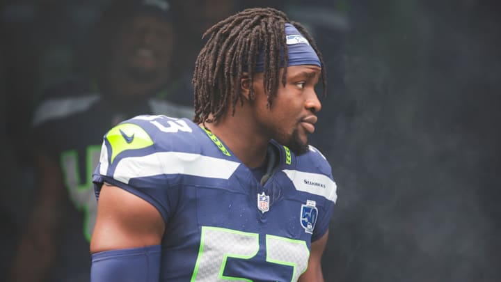 Sep 7, 2025; Seattle, Washington, USA; Seattle Seahawks linebacker Boye Mafe (53) stands outside the tunnel during player introductions against the San Francisco 49ers at Lumen Field. Mandatory Credit: Joe Nicholson-Imagn Images
