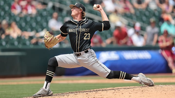 May 25, 2024; Charlotte, NC, USA; Wake Forest pitcher Josh Hartle (23) throws a pitch in the second inning against Florida State during the ACC Baseball Tournament at Truist Field. Mandatory Credit: Cory Knowlton-Imagn Images