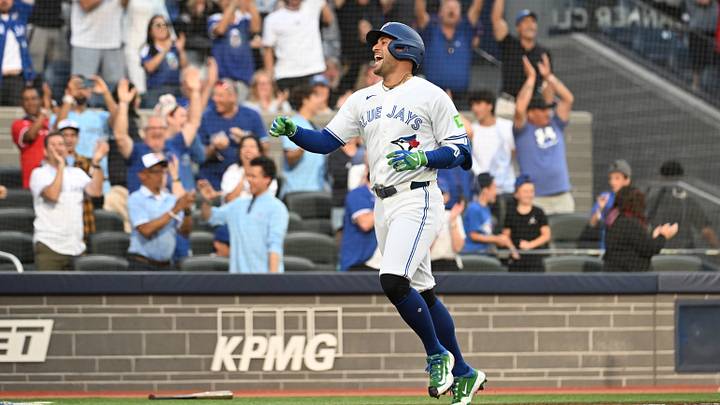 Jun 29, 2026; Toronto, Ontario, CAN; Toronto Blue Jays designated hitter George Springer (4) reacts after scoring a run on a triple and an error against the New York Mets in the first inning at Rogers Centre. Mandatory Credit: Dan Hamilton-Imagn Images