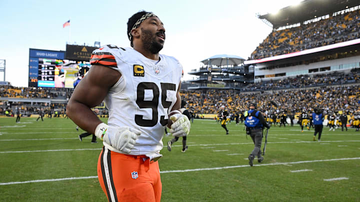 Dec 8, 2024; Pittsburgh, Pennsylvania, USA; Cleveland Browns defensive end Myles Garrett (95) leaves the field following  a game against the Pittsburgh Steelers at Acrisure Stadium. Mandatory Credit: Barry Reeger-Imagn Images