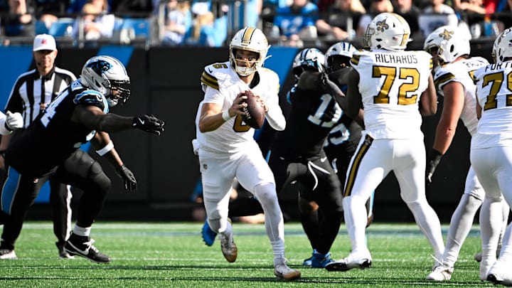 Nov 9, 2025; Charlotte, North Carolina, USA; New Orleans Saints quarterback Tyler Shough (6) looks to pass during the second quarter against the Carolina Panthers at Bank of America Stadium. Mandatory Credit: Bob Donnan-Imagn Images