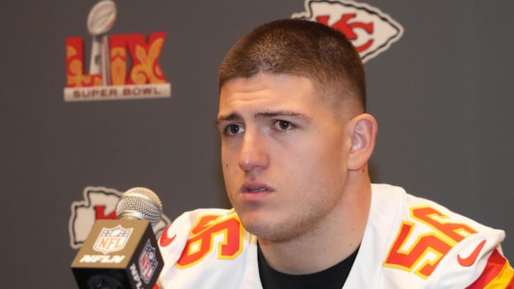Feb 4, 2025; New Orleans, LA, USA;  Kansas City Chiefs defensive end George Karlaftis (56) at a press conference in advance of Super Bowl LIX at New Orleans Marriott. Mandatory Credit: Kirby Lee-Imagn Images