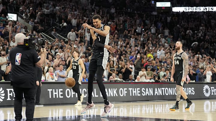 Apr 12, 2024; San Antonio, Texas, USA; San Antonio Spurs forward Victor Wembanyama (1) reacts after a victory over the Denver Nuggets at Frost Bank Center. 