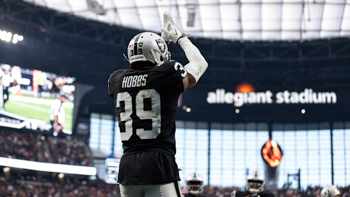 Nate Hobbs at Allegiant Stadium for Denver Broncos v Las Vegas Raiders