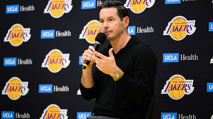 Los Angeles Lakers head coach JJ Redick speaks during a press conference to preview the 2025-26 season at UCLA Health Training Center.
