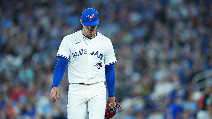 Mar 27, 2025; Toronto, Ontario, CAN; Toronto Blue Jays starting pitcher Jose Berrios (17) walks towards the dugout against the Baltimore Orioles during the second inning at Rogers Centre. Mandatory Credit: Nick Turchiaro-Imagn Images