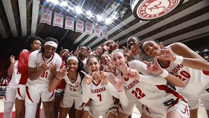 The Alabama women's basketball team celebrates the win over Ole Miss inside Coleman Coliseum- Feb. 5, 2026