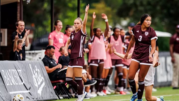 Mississippi State Midfielder Kara Harris (#4) during the match between the Mercer Bears and the Mississippi State Bulldogs at the MSU Soccer Field in Starkville, MS.