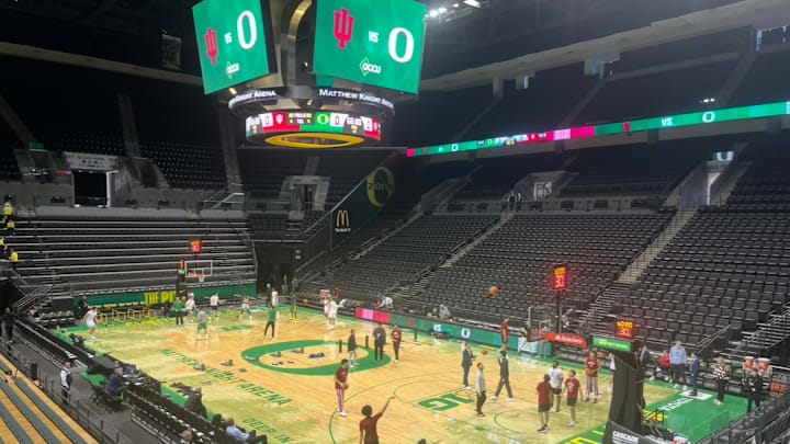 Indiana and Oregon warm up before Tuesday's game at Matthew Knight Arena in Eugene, Ore.
