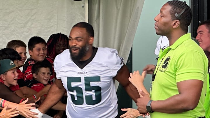 Brandon Graham enters the practice field during Eagles training camp in 2024. Brandon Graham enters the practice field during Eagles training camp in 2024.