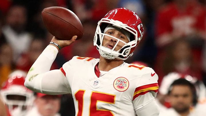 [US, Mexico & Canada customers only] Sep 5, 2025; Sao Paulo, BRAZIL; Kansas City Chiefs quarterback Patrick Mahomes (15) passes in the first half against the Los Angeles Chargers at Corinthians Arena. Mandatory Credit: Jean Carniel/Reuters via Imagn Images