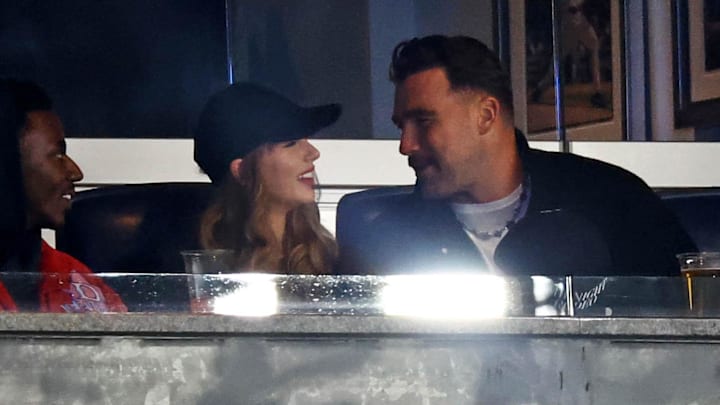 Oct 14, 2024; Bronx, New York, USA; Recording artist Taylor Swift and Kansas City Chiefs tight end Travis Kelce watch game one of the ALCS for the 2024 MLB Playoffs between the New York Yankees and the Cleveland Guardians at Yankee Stadium. 