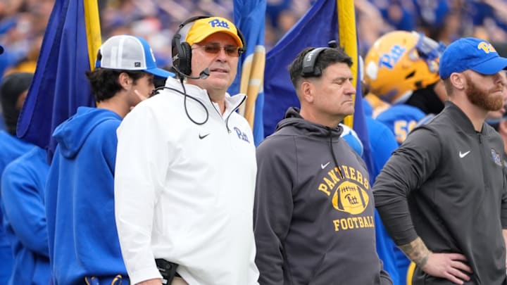 Pitt coach Pat Narduzzi looks on from the sidelines during game vs. Notre Dame.