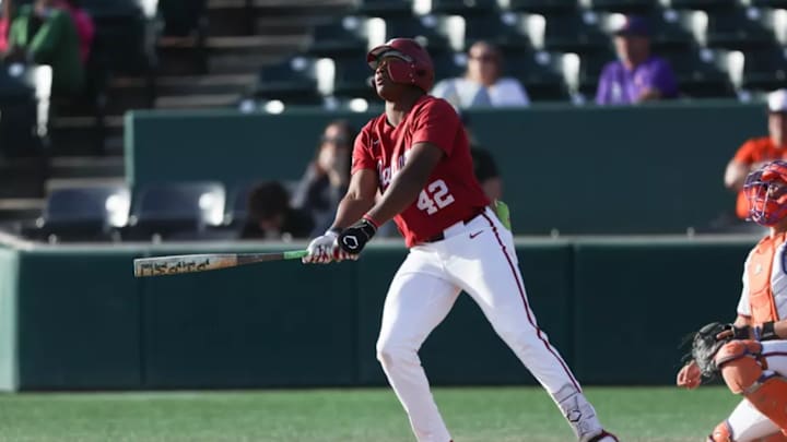 Alabama Baseball Player Eric Hines (42) in action against Clemson at Doug Kigsmore Stadium in Clemson, SC on Saturday, Oct 25, 2025. Alabama Baseball Player Eric Hines (42) in action against Clemson at Doug Kigsmore Stadium in Clemson, SC on Saturday, Oct 25, 2025.