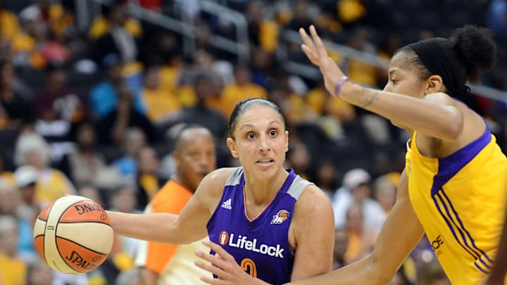 Sep 19, 2013; Los Angeles, CA, USA; Los Angeles Sparks center Candace Parker (3) guards Phoenix Mercury guard Diana Taurasi (3) in the second half of game 1 of the Western Conference semi-finals at Staples Center. Phoenix won 86-75. Mandatory Credit: Jayne Kamin-Oncea-Imagn Images Sep 19, 2013; Los Angeles, CA, USA; Los Angeles Sparks center Candace Parker (3) guards Phoenix Mercury guard Diana Taurasi (3) in the second half of game 1 of the Western Conference semi-finals at Staples Center. Phoenix won 86-75. Mandatory Credit: Jayne Kamin-Oncea-Imagn Images