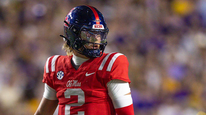 Oct 12, 2024; Baton Rouge, Louisiana, USA;  Mississippi Rebels quarterback Jaxson Dart (2) looks on against the LSU Tigers during the first half at Tiger Stadium. Mandatory Credit: Stephen Lew-Imagn Images