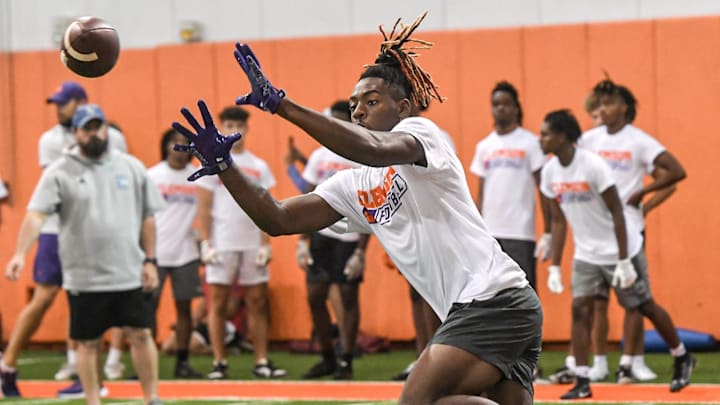 Cederian Morgan, Class of 2026 wide receiver of Benjamin Russell High school in Alexander City, Alabama, catches a ball during the 2024 Dabo Swinney Football Camp in Clemson in Clemson June 5, 2024. Morgan, 38th overall ranked in the ESPN300 2026 recruiting ranking list, announced on social media X (formerly known as Twitter) Clemson offered him June 5, 2024.
