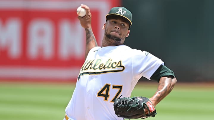 Jun 5, 2022; Oakland, California, USA; Oakland Athletics starting pitcher Frankie Montas (47) throws a pitch against the Boston Red Sox during the first inning at RingCentral Coliseum. Mandatory Credit: Robert Edwards-Imagn Images