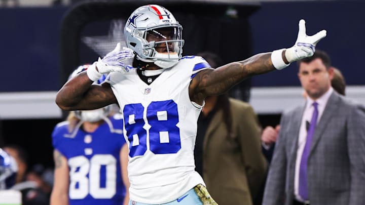 Nov 12, 2023; Arlington, Texas, USA;  Dallas Cowboys wide receiver CeeDee Lamb (88) reacts after a catch during the first quarter against the New York Giants at AT&T Stadium. Mandatory Credit: Kevin Jairaj-USA TODAY Sports