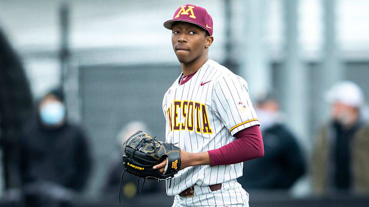 Minnesota's J.P. Massey (40) looks to the dugout during a NCAA Big Ten Conference baseball game