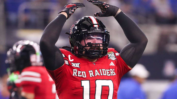 Texas Tech's Jacob Rodriguez asks for more crowd noise during the Big 12 Championship football game, Saturday, Nov. 6, 2025, at AT&T Stadium in Arlington.