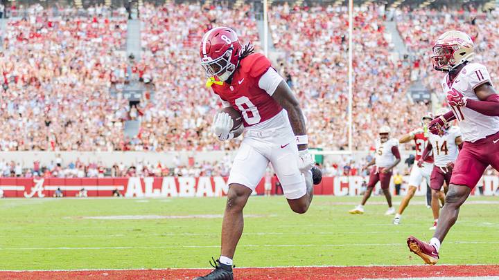 Alabama Wide Receiver Cederian Morgan runs the ball in for a touchdown in the first half of the game against FSU on Sept 19, 2026. Alabama Wide Receiver Cederian Morgan runs the ball in for a touchdown in the first half of the game against FSU on Sept 19, 2026.