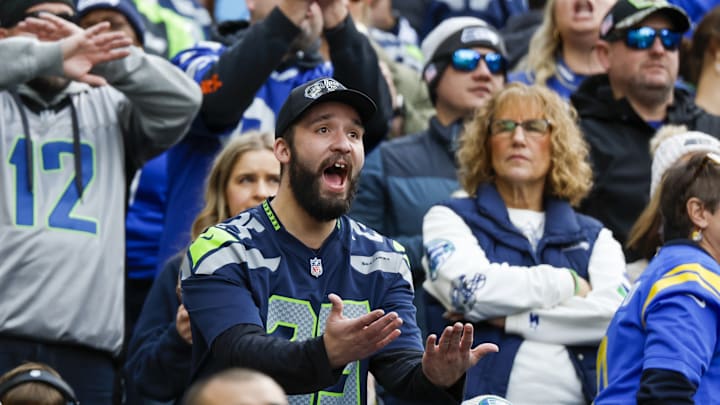 Nov 3, 2024; Seattle, Washington, USA; A Seattle Seahawks fan reacts following a play against the Los Angeles Rams during the second quarter at Lumen Field. 