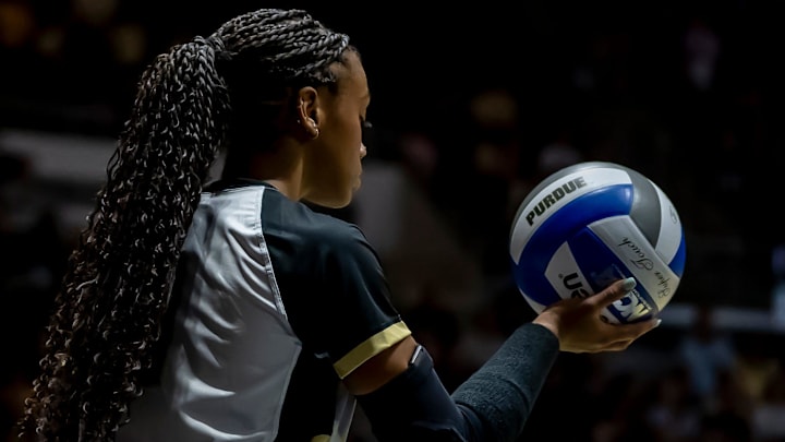 Purdue Redshirt Sophomore Rachel Williams (1) focuses prior to a serve Purdue Redshirt Sophomore Rachel Williams (1) focuses prior to a serve
