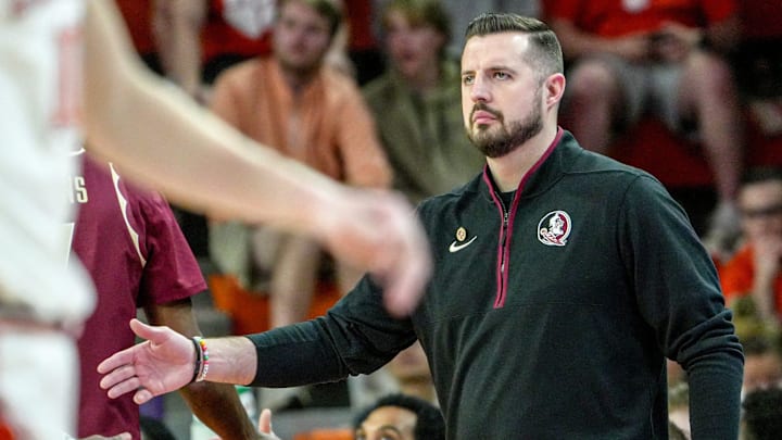 Florida State University Head Coach Luke Loucks during the first half at Littlejohn Coliseum in Clemson, S.C Saturday, February 21, 2026.