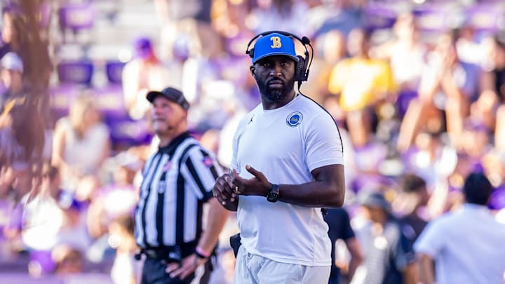Sep 21, 2024; Baton Rouge, Louisiana, USA;  UCLA Bruins head coach DeShaun Foster looks on during the second half against the LSU Tigers at Tiger Stadium. Mandatory Credit: Stephen Lew-Imagn Images